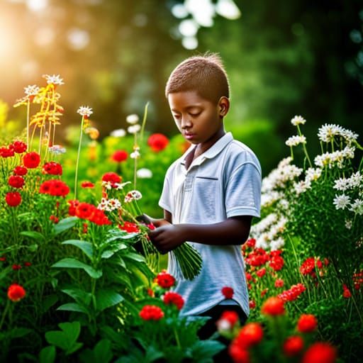 Boy Plucking Flowers in a Morning Garden