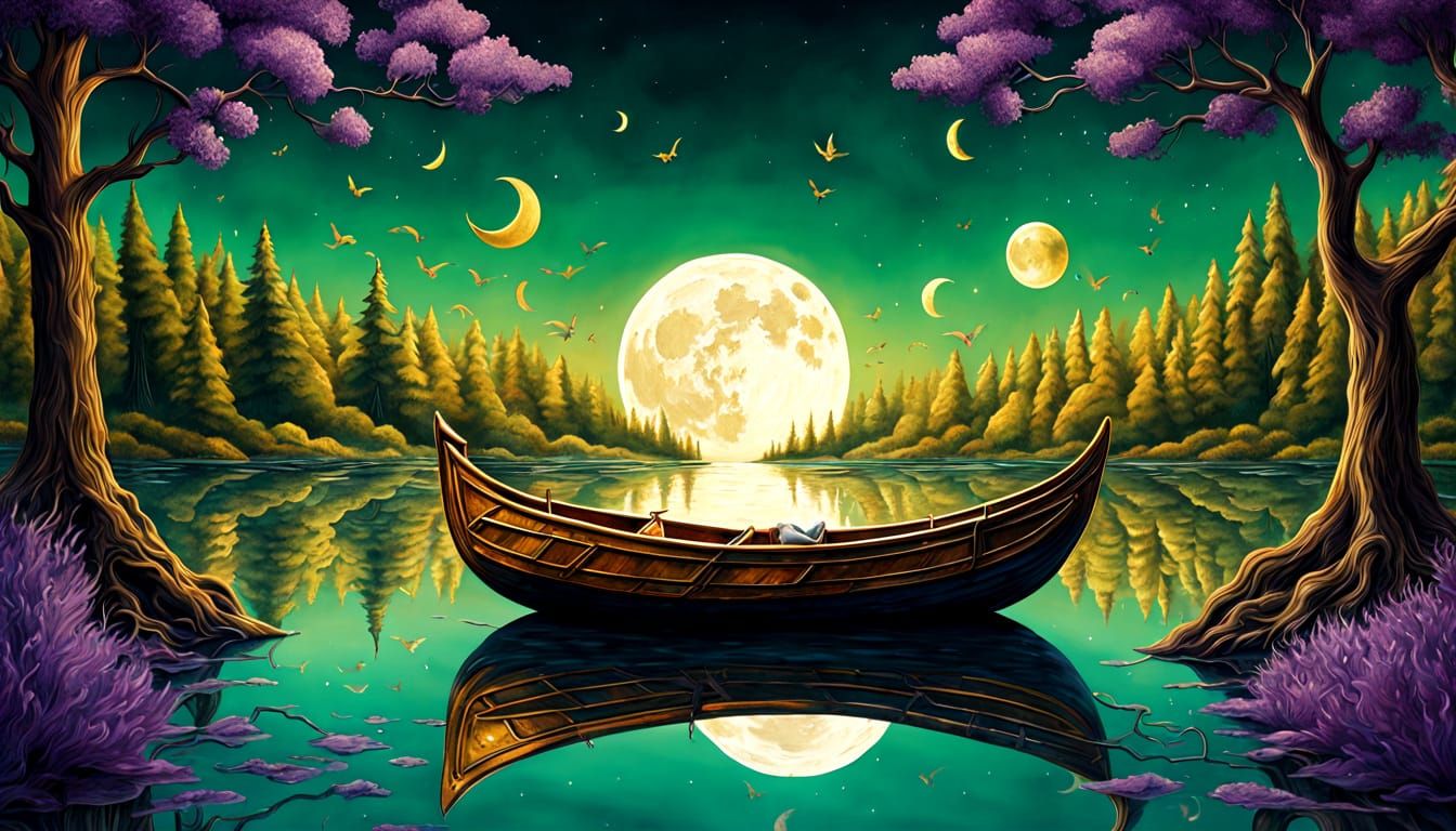 Gold Leaf Painting of a Boat on a Mirror Lake