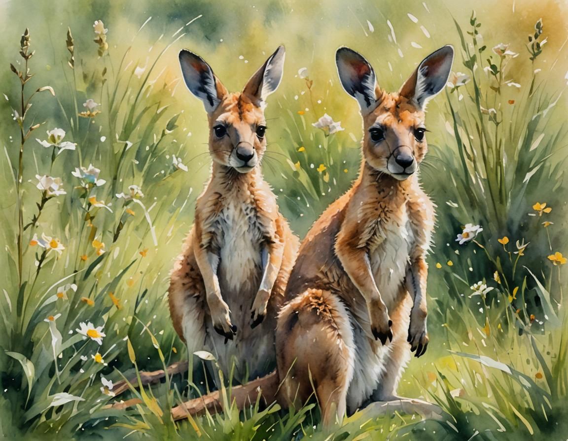 Baby Kangaroo in Meadow: Impressionist Watercolor Painting