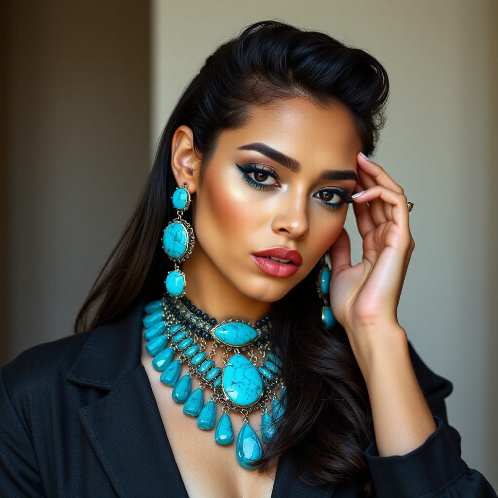 Woman's Fashion with Turquoise Jewelry and Makeup
