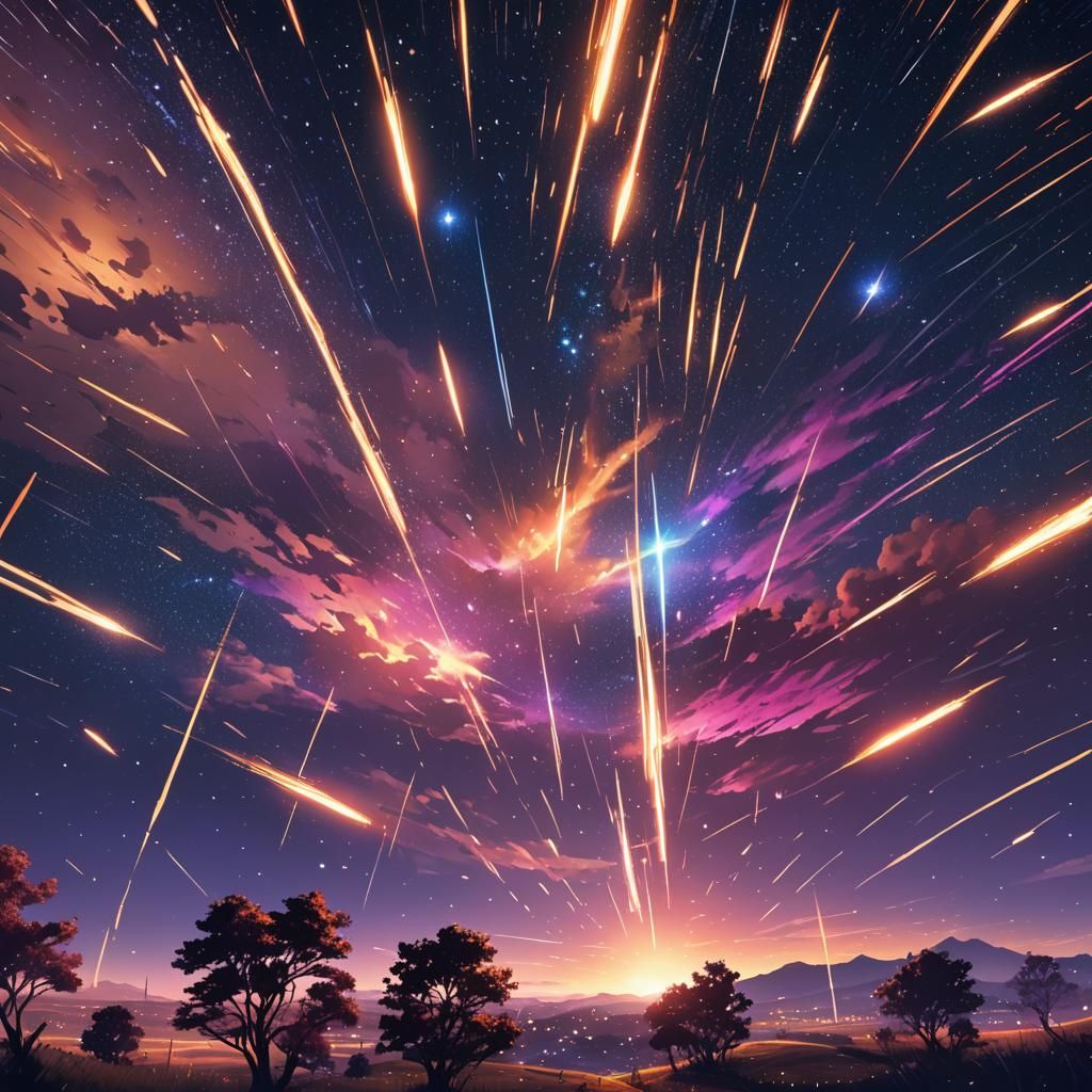 Vibrant Shooting Stars in Sci-Fi Anime Style