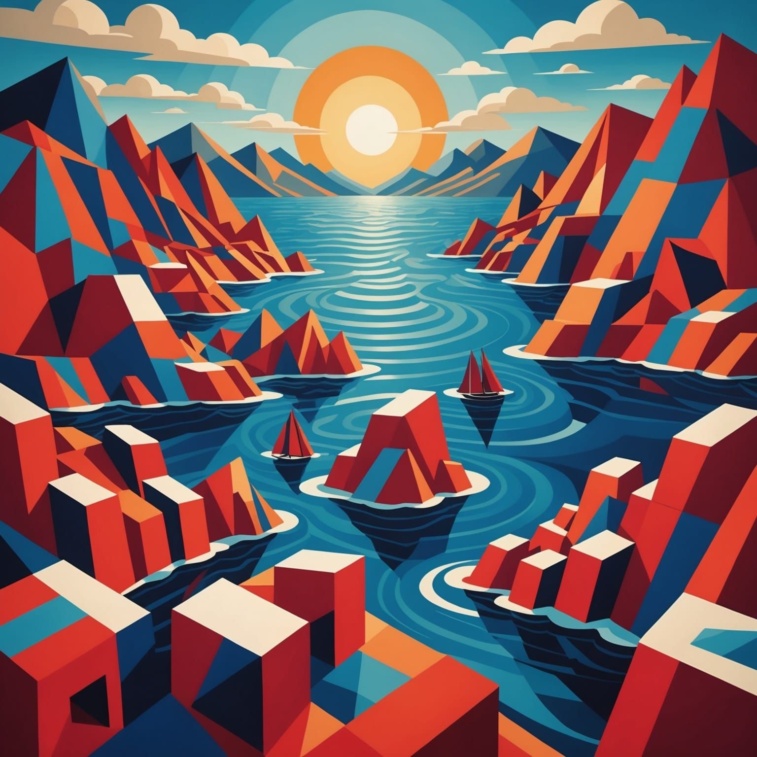 Red Sea Parting in Geometric Cubist Style