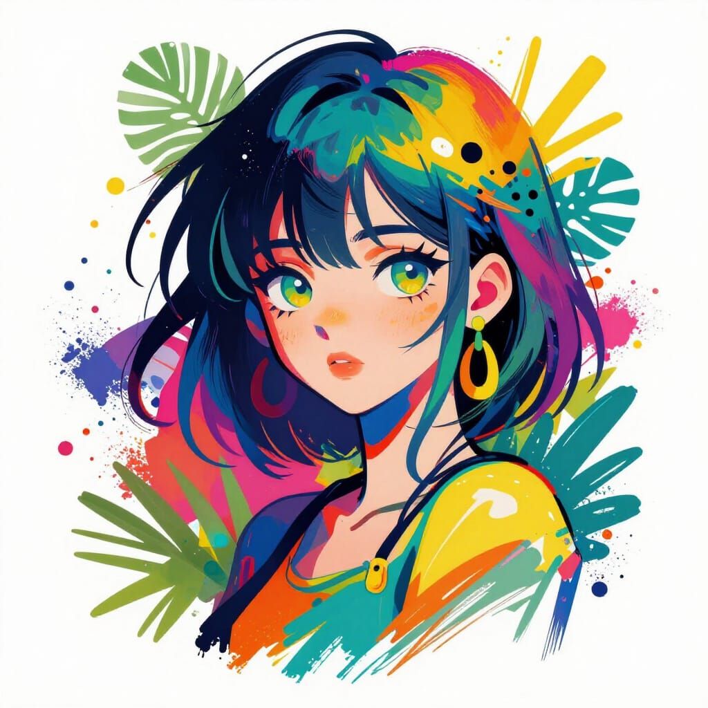 Vibrant Anime Girl Portrait in Abstract Modern Jungle Style