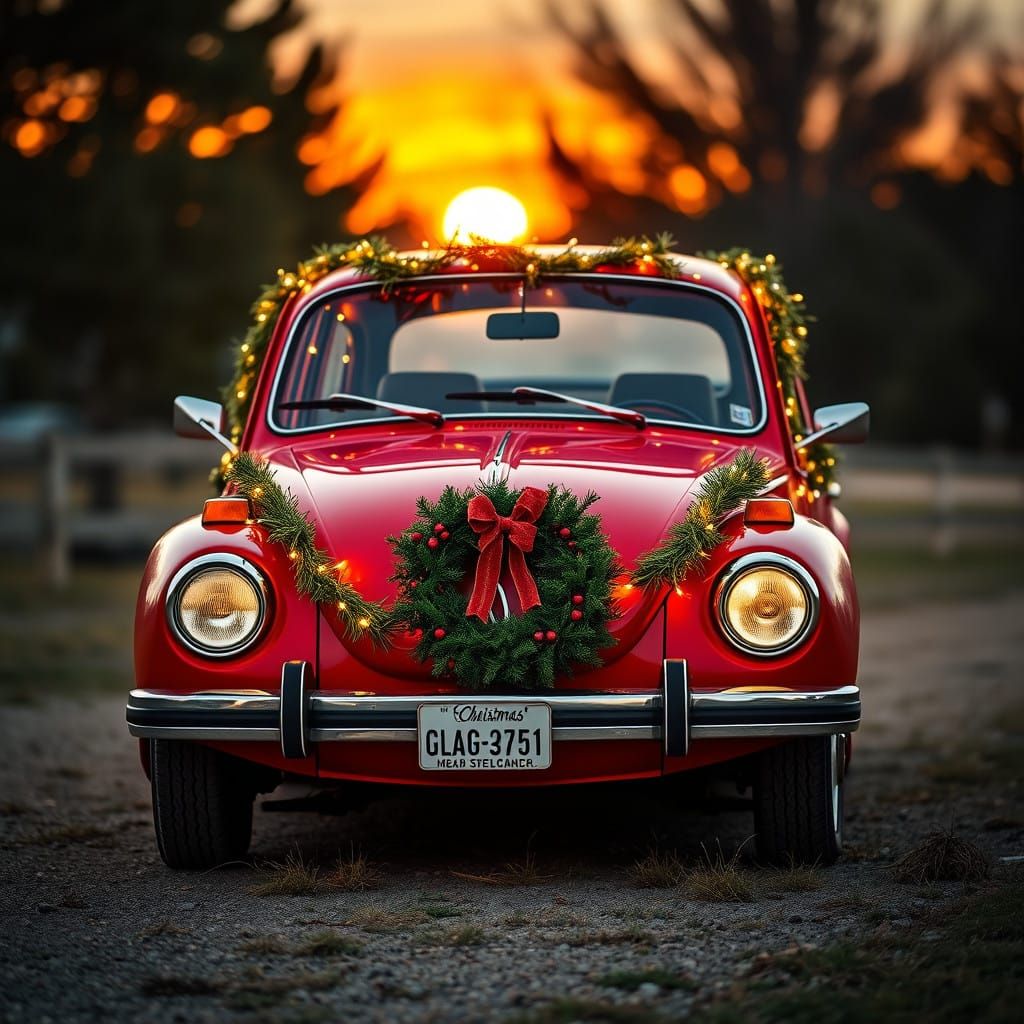 Retro VW Car Celebrates Christmas with Festive Decorations