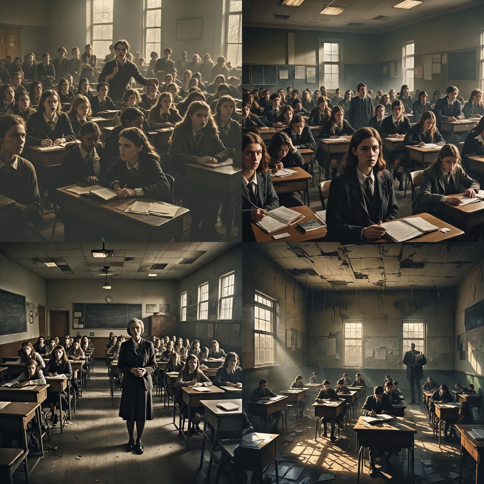 Anxious Students in Dark School, Hopeful Light