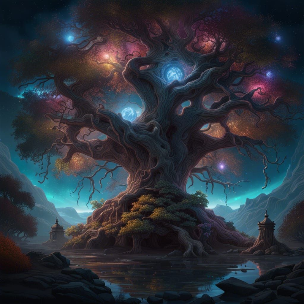 Cosmic world tree a masterpiece, 8k resolution, dark fantasy concept art, by Greg Rutkowski, dynamic lighting, hyperdeta...