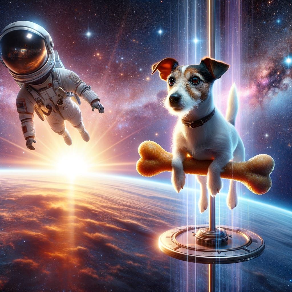 Futuristic Jack Russells Floating in Space at Dawn