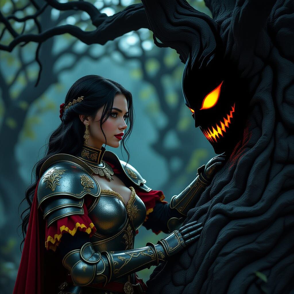 Medieval Warrior Girl Faces Dark Shadow in Fantasy Forest