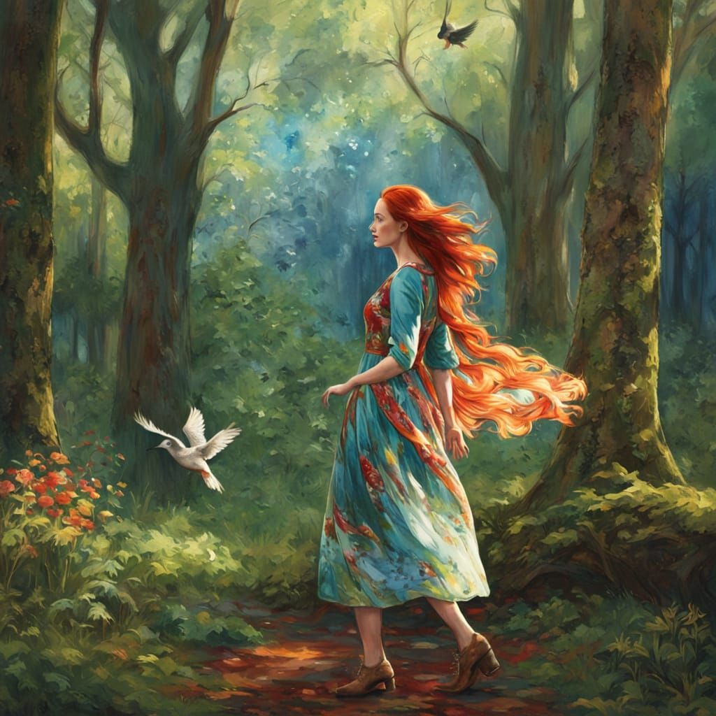 Woodland Woman Watching Birds, in Impressionist Style