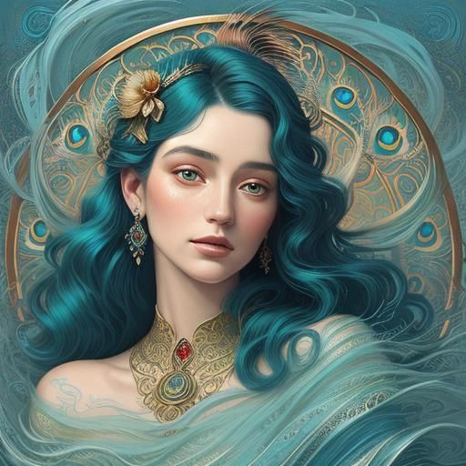 Art Nouveau Portrait of Lady with Peacock Feather