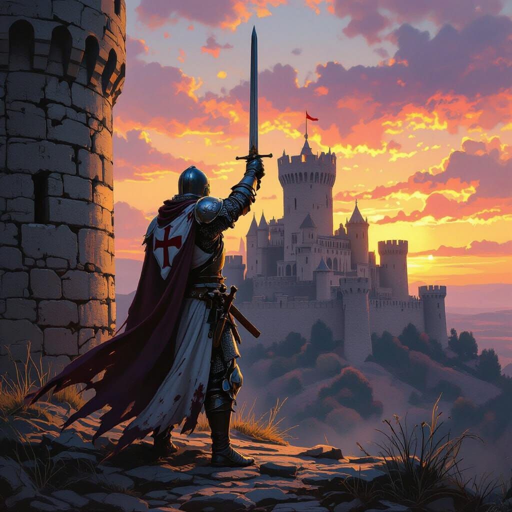 Templar Knight with Sword Raised at Sunrise