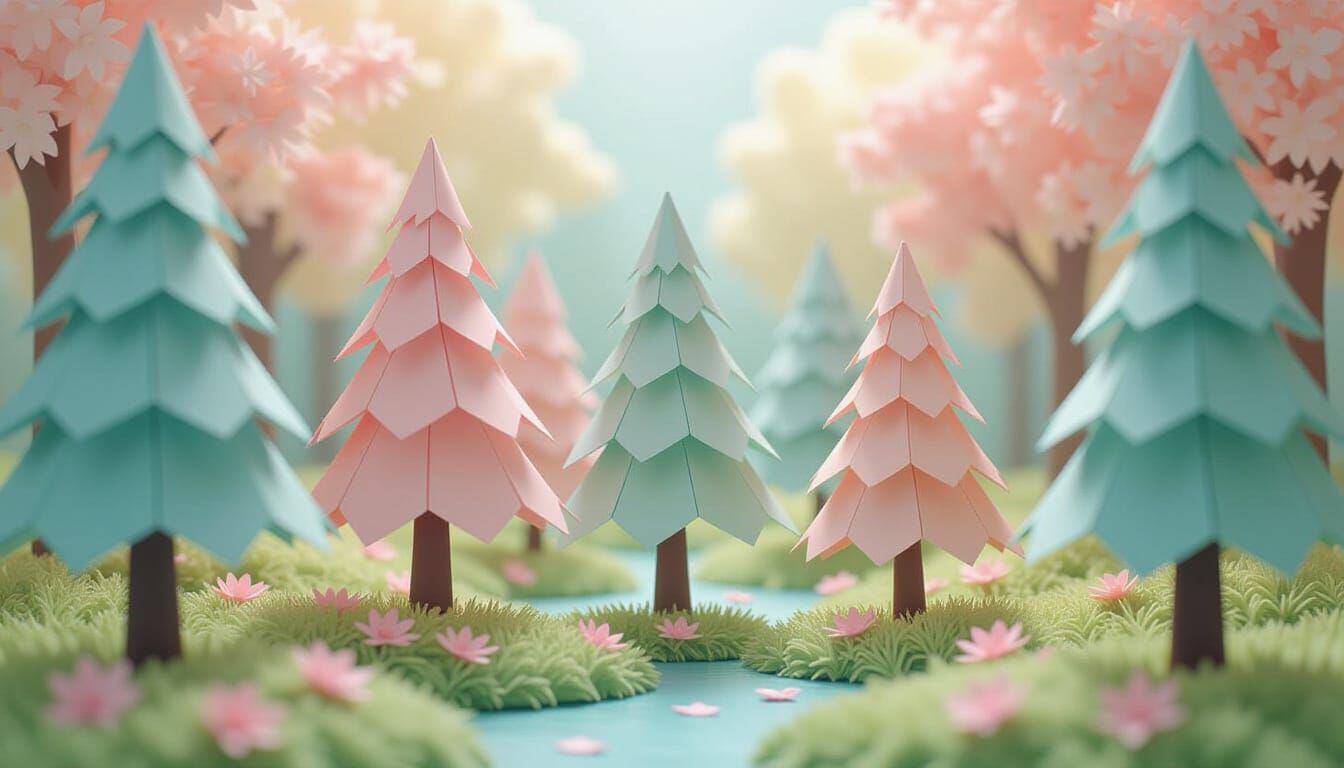 Serene Origami Forest in Dreamy Anime Style