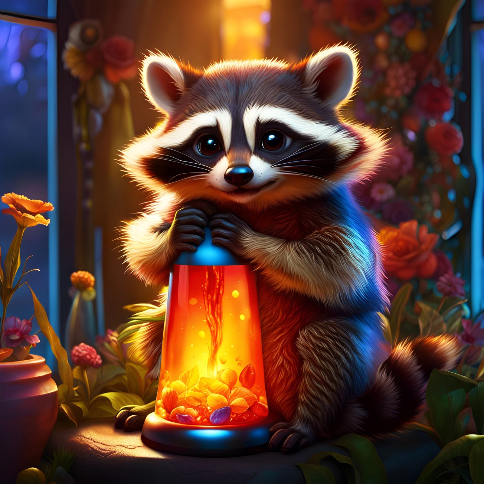 Cute Raccoon Hugging Lava Lamp in Acrylic Art