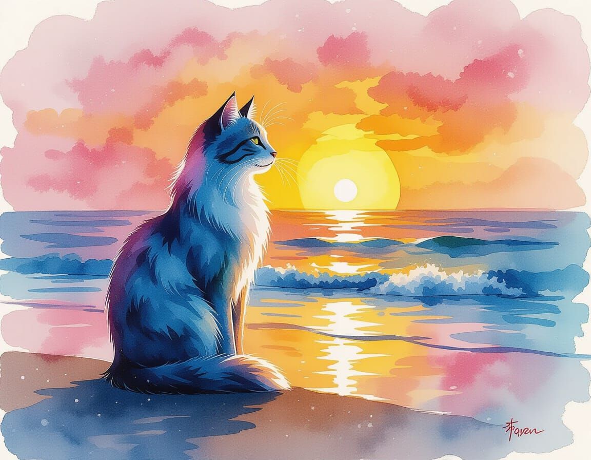 Water Cat in Sunset: Shimmering Alcohol Ink Art