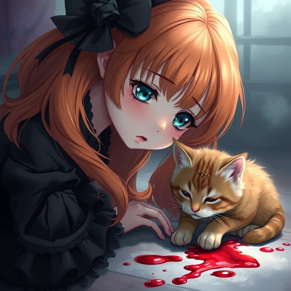 Sorrowful Anime Girl Cries Beside Mangled Kitten in Whimsica...