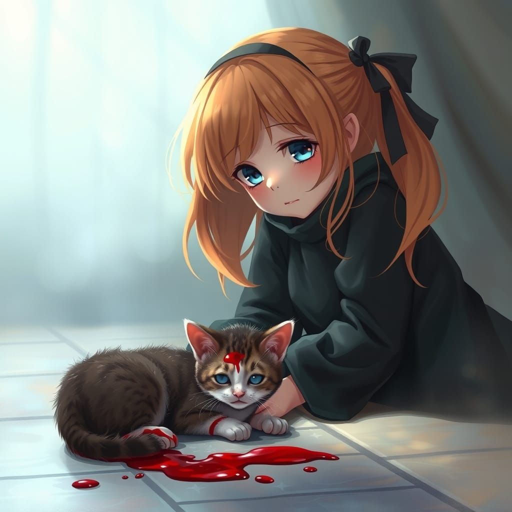 Ethereal Fantasy Girl in Despair near Mortally Wounded Kitte...