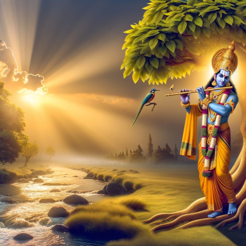 Lord Krishna Playing Flute by Yamuna River at Sunset
