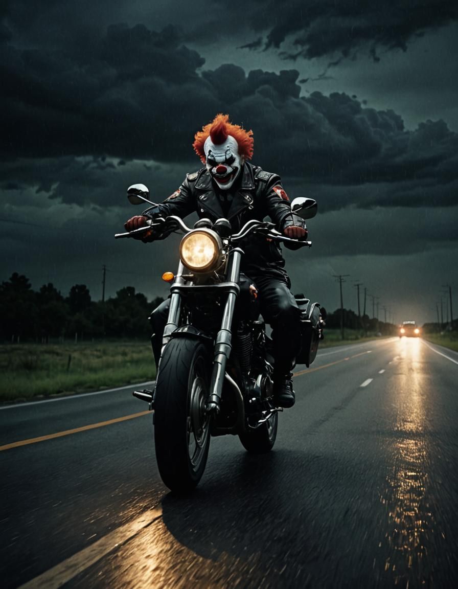 Motorcycle Clown in Ominous Film Noir Night