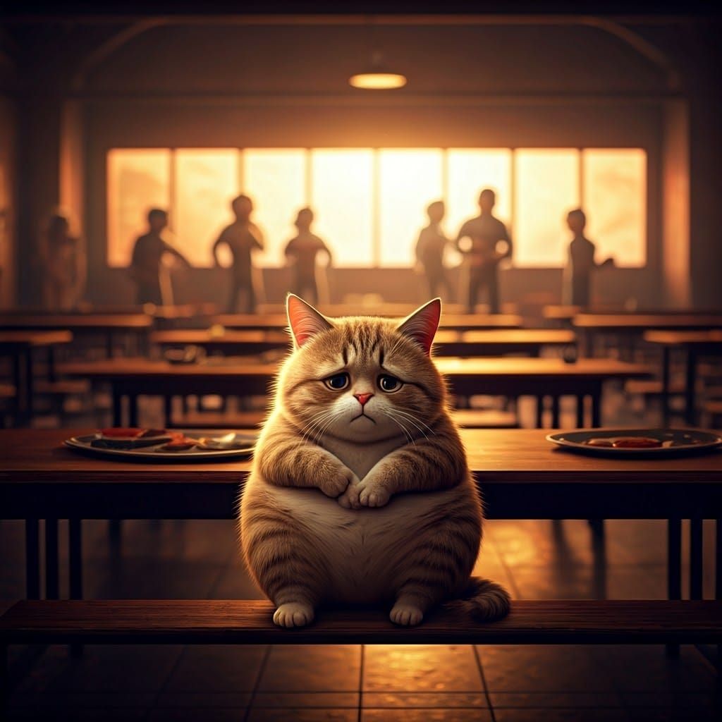 Sorrowful Tabby Cat in Cafeteria: Fantasy Concept Art