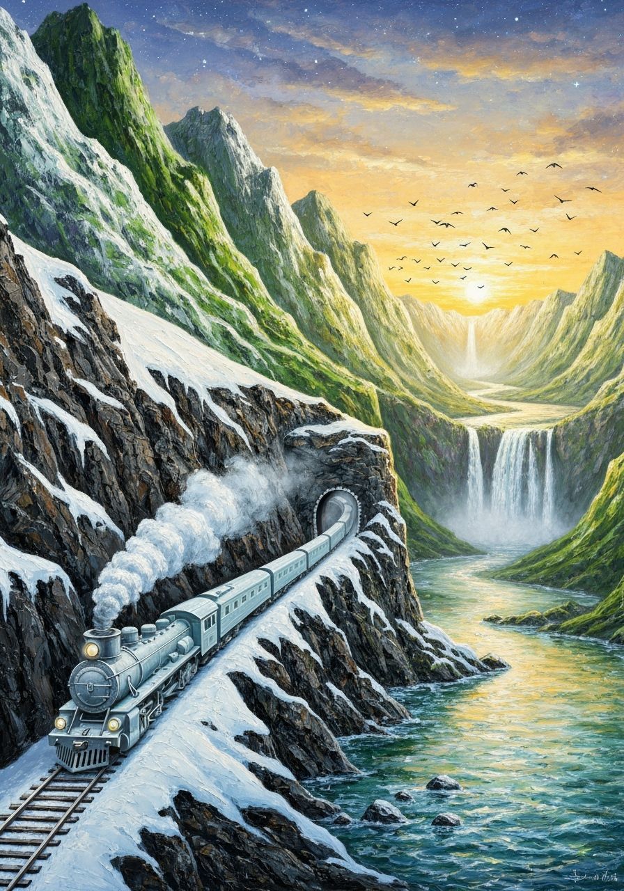 Majestic Ice Train in Snowy Mountain Tunnel at Sunset