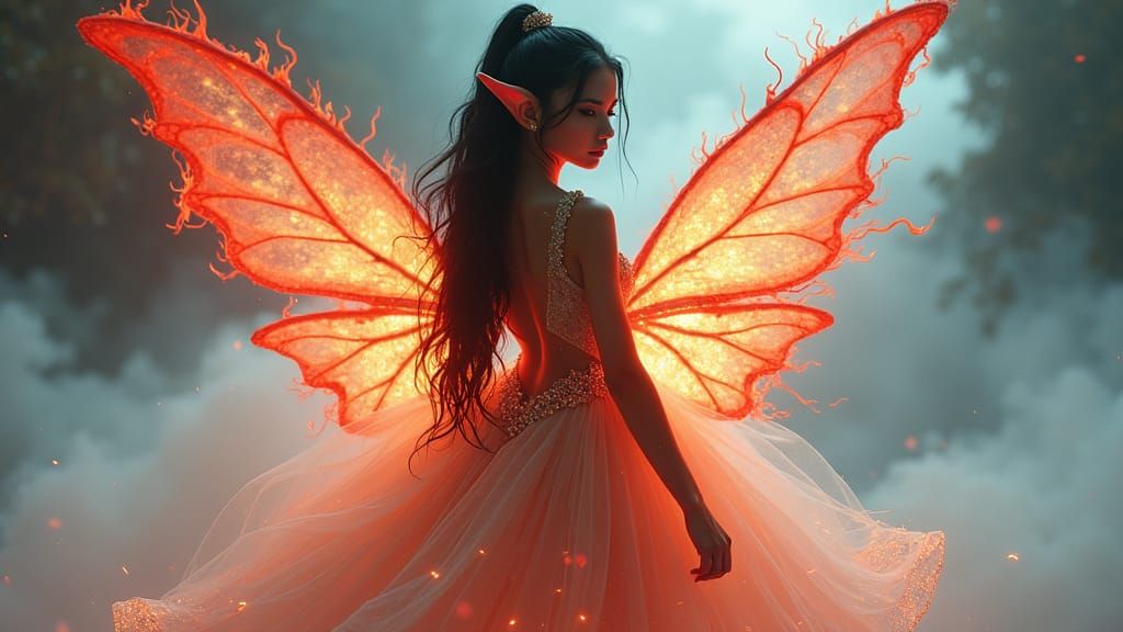 Latina Elf in Bioluminescent Gown, Ethereal Art