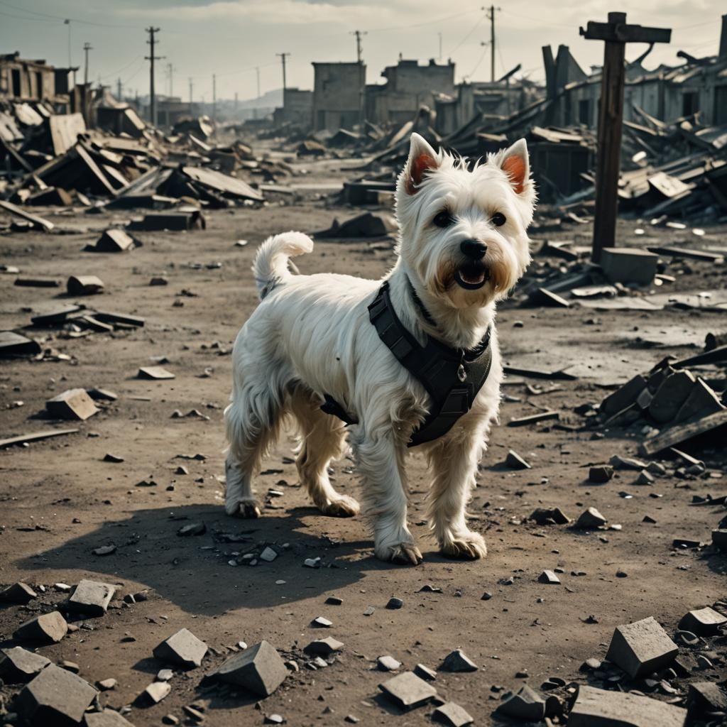 Westie in Wasteland: A Post-Apocalyptic Film Still