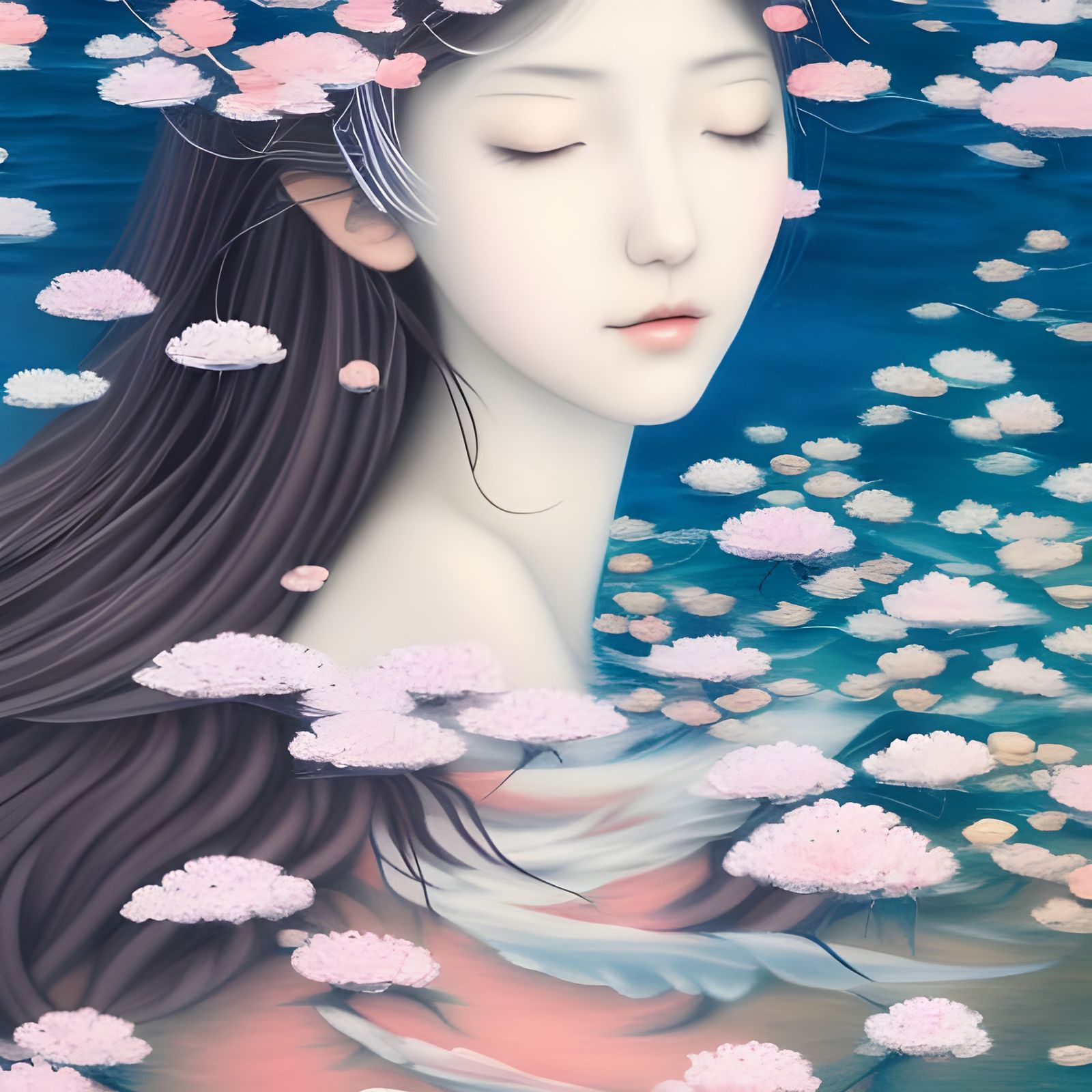 Ethereal Woman Submerged in Nature: Japanese Oil Painting
