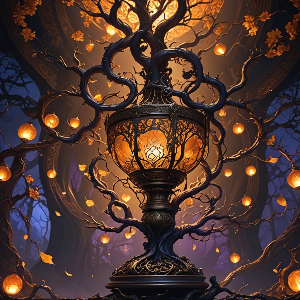 Ornate Burning Tree Lamp in Fantasy Concept Art