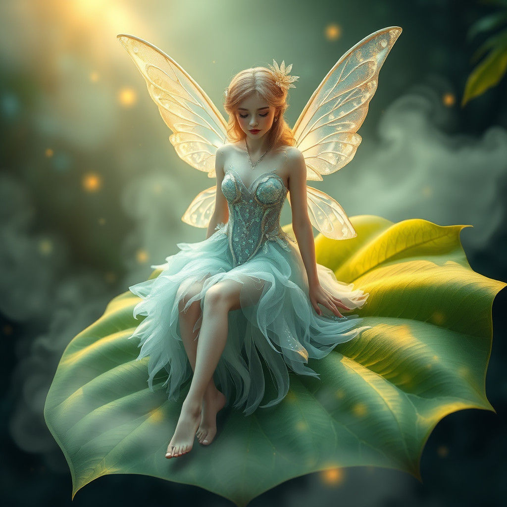 Ethereal Fairy on Leaf in Photorealistic Style