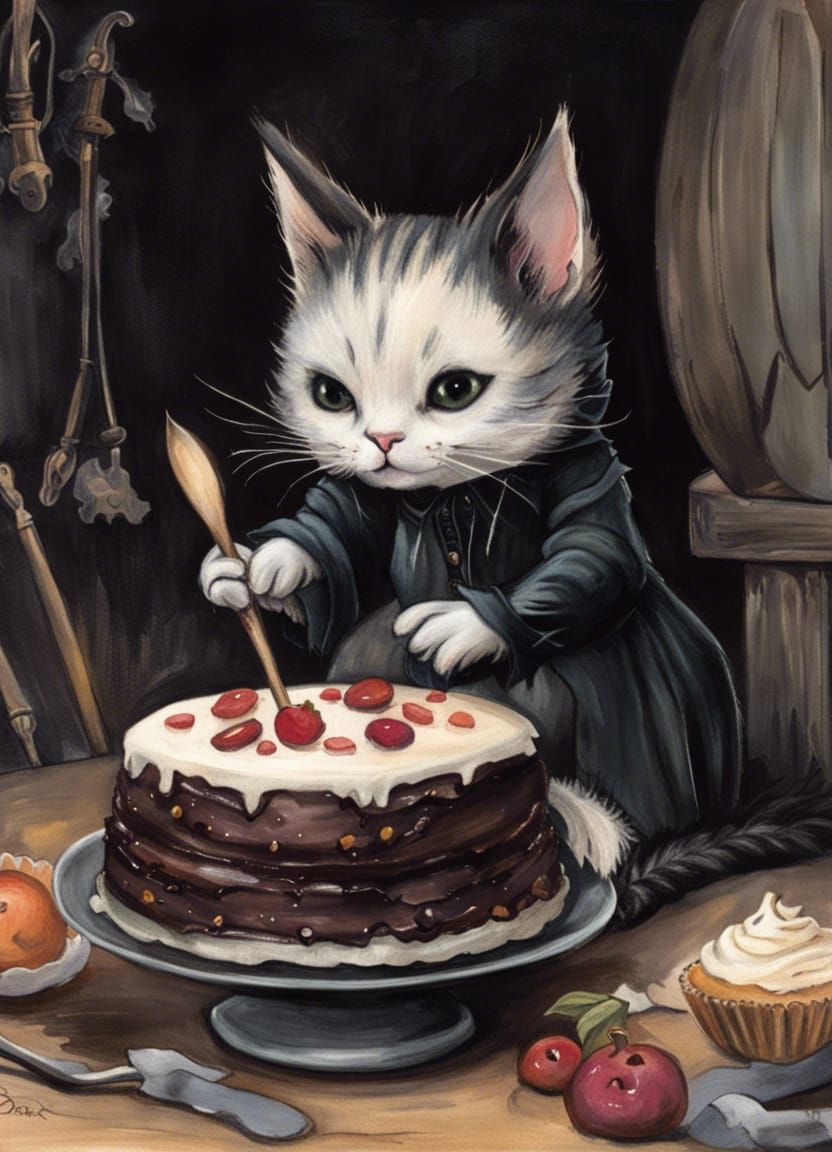 Emo Cat Bakes Goth Cake: Dark Pastel Painting
