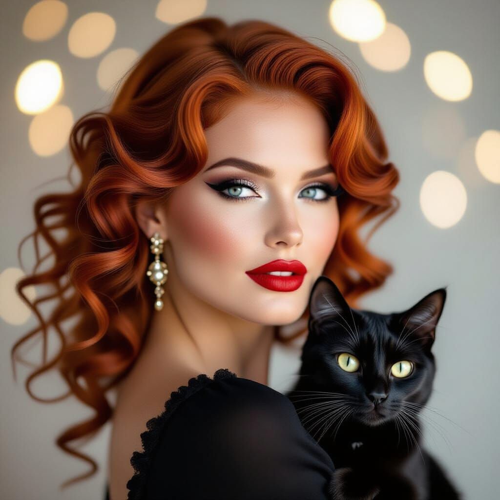 The image features a striking woman with vibrant red hair st...