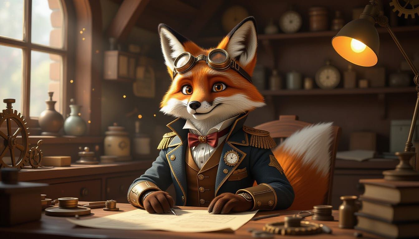 Steampunk Fox Inventor's Workshop in Warm Light