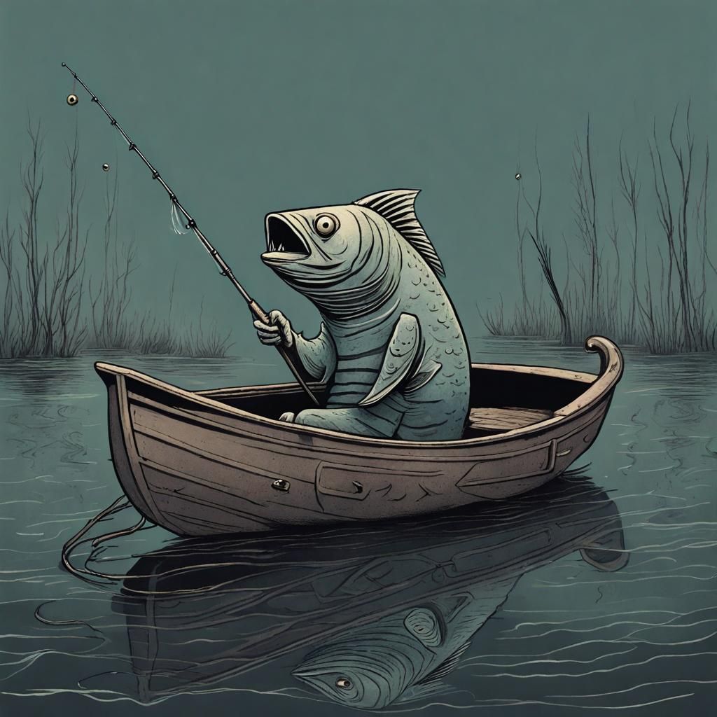 Eerie Anthropomorphic Fish Fishing on Dark Lake