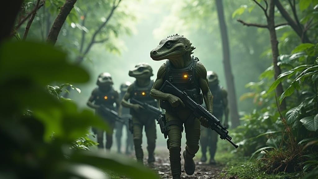 Reptilian Soldiers Patrolling a Jungle, Matte Painting