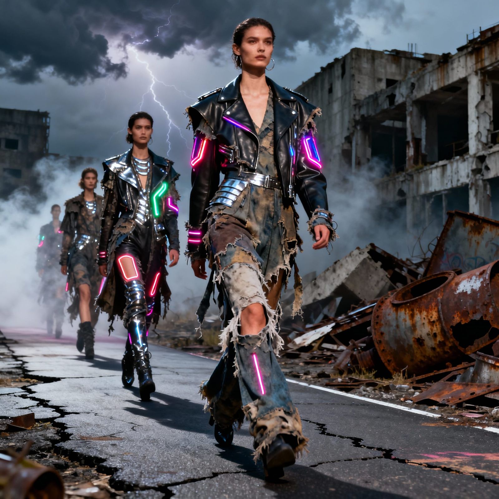 Dystopic Fashion Show In a Wasteland Dystopic Area.