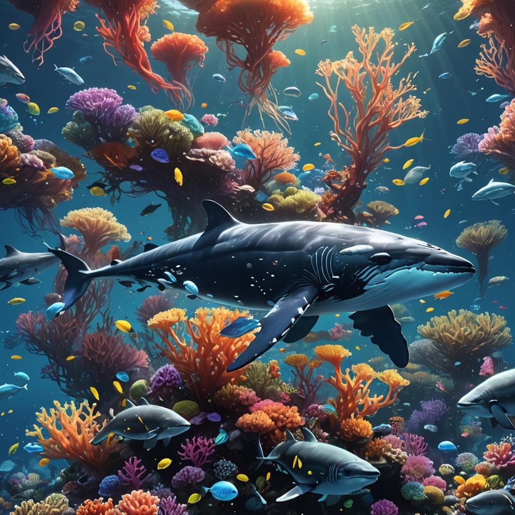 Colorful Whale with Bioluminescent Jellyfish in Anime Style