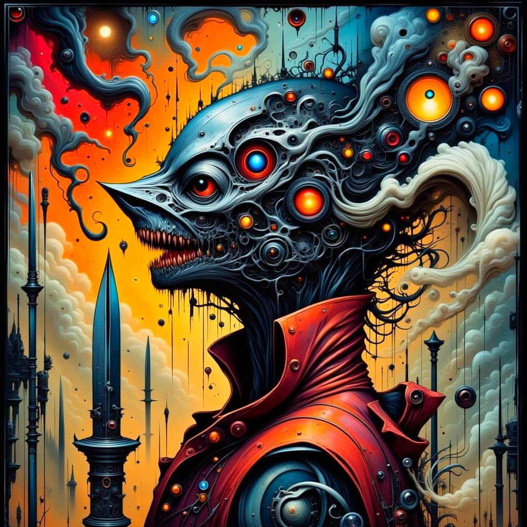 Surrealist Ninja Preparing for Futuristic Battle