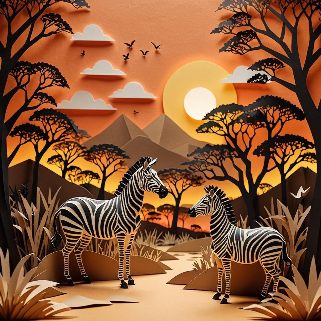 African Savannah Paper Cut Zebra and Sunset