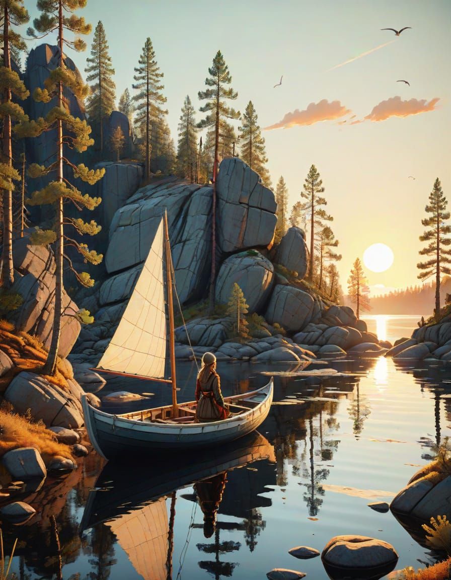 Whimsical Suomi Girl Sails Tiny Boat in Northern Bay