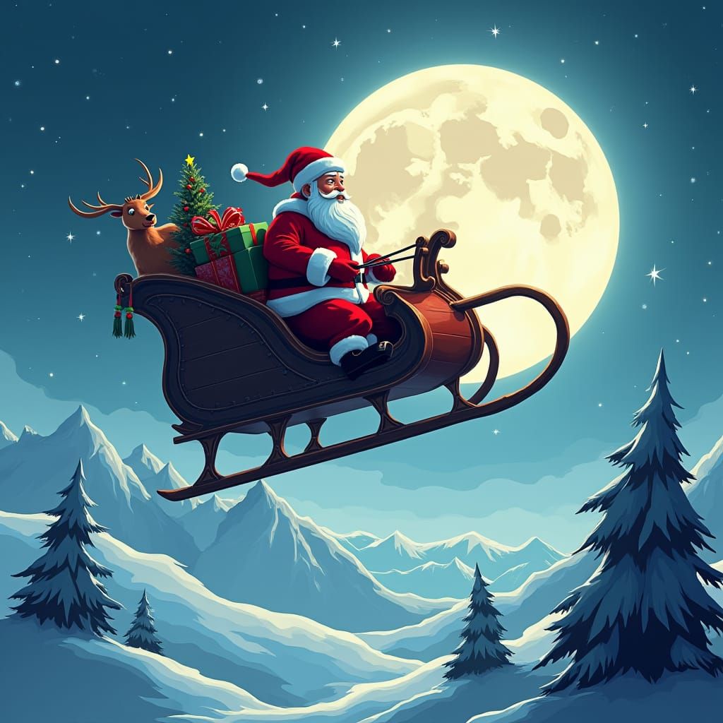 Santa Claus in Sleigh, Black and White Line Art