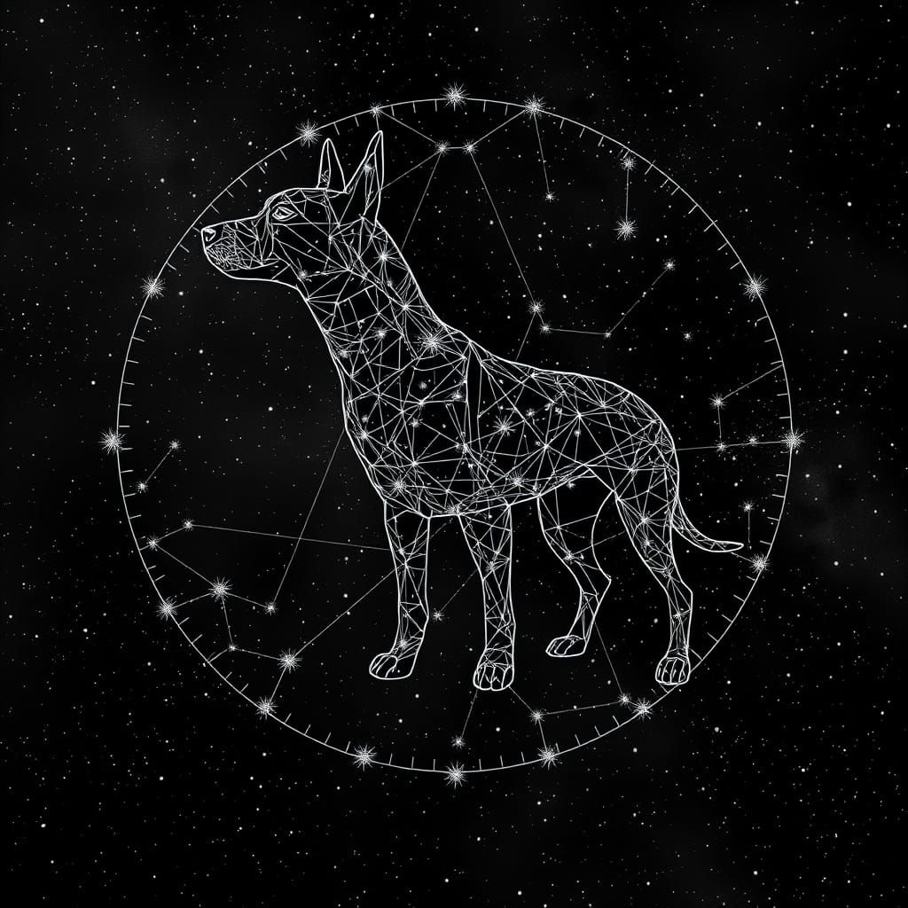 Black and White Vector Punk Star Constellation with Dog