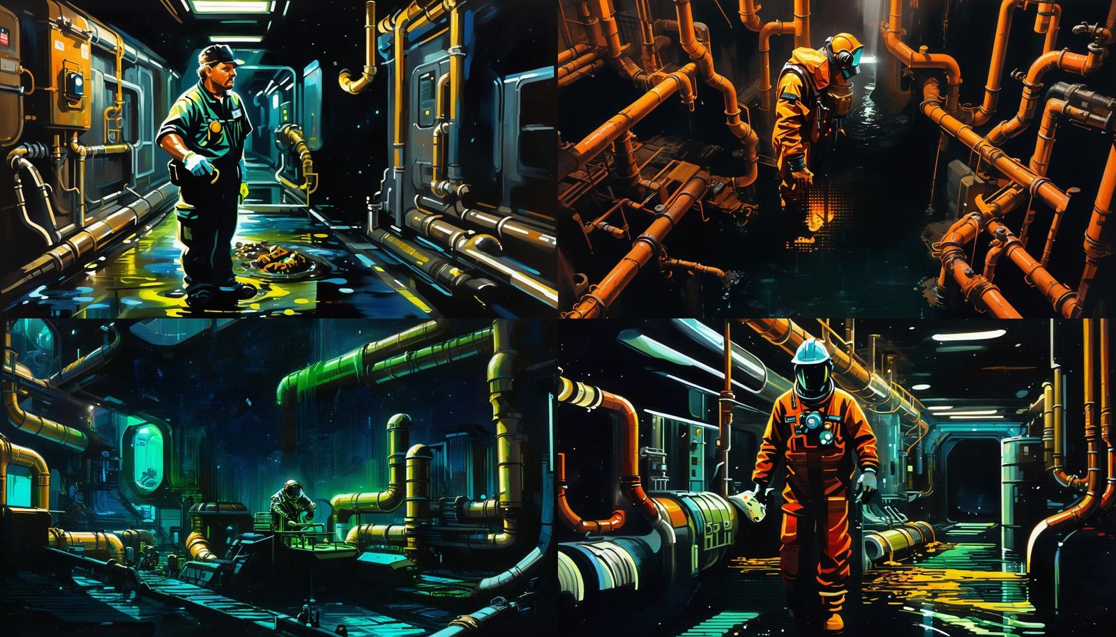 Sewage Worker in Space Station City: Acrylic Painting