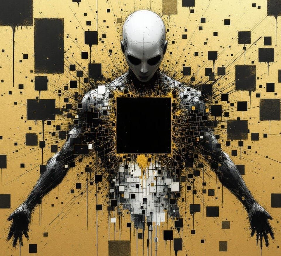 Golden Explosion Emerging from Humanoid Torso in a Grid of S...
