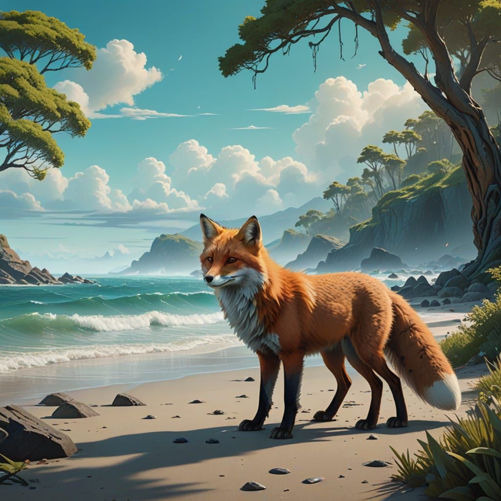 Majestic Fox Walks Along Sun-Kissed Beach