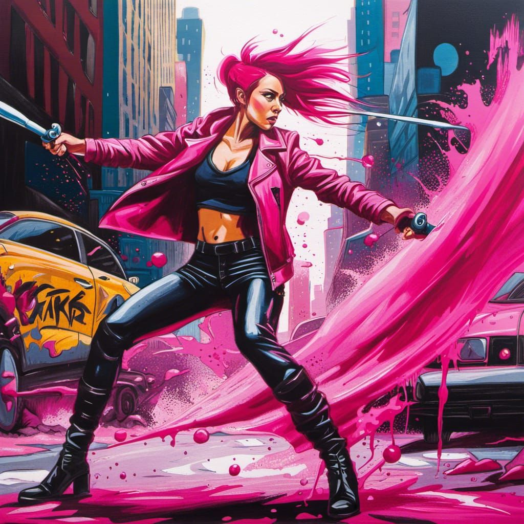 Magenta-Haired Woman Fighting Ninja in Neon City