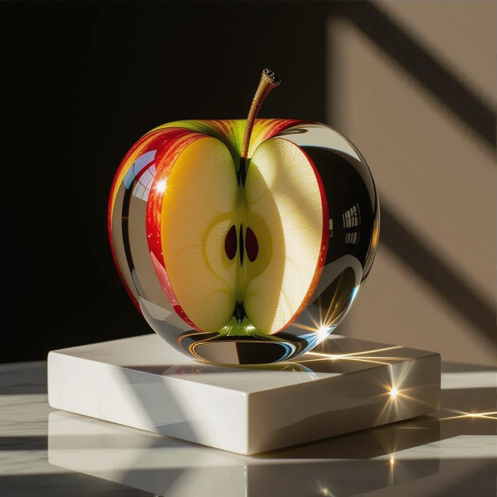 Shiny Glass Apple Splits in Half Under Warm Light