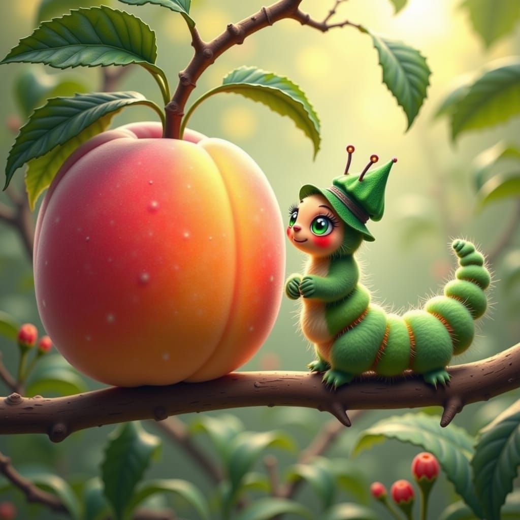 Joyful Caterpillar Discovering Giant Peach Illustration