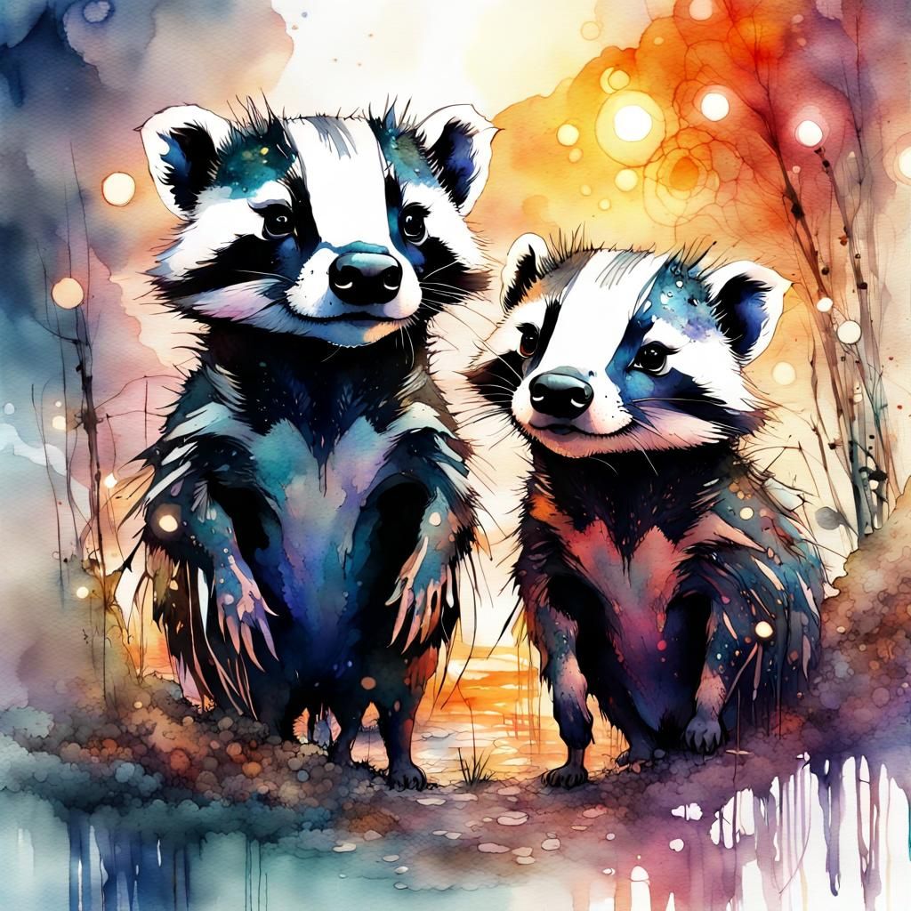 Chibi Badgers in a Digital Watercolor Fantasyscape