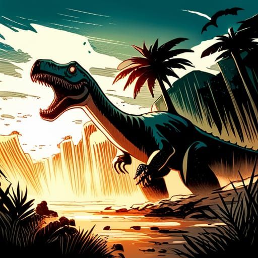 Spinosaur in Tropical Floodplain: Comic Book Art