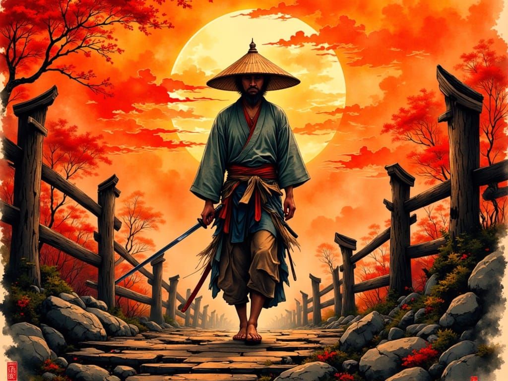 Ethereal Japanese Swordsman Crosses Decaying Bridge in Vinta...